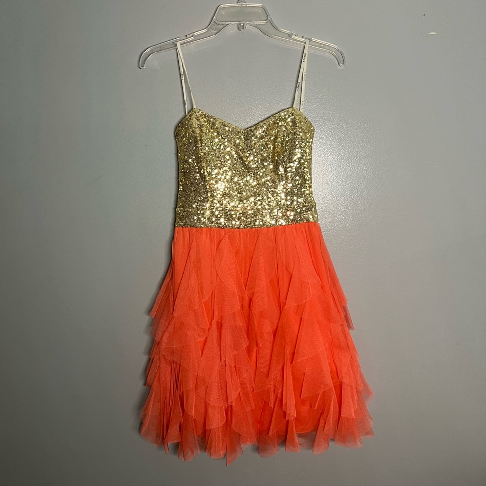 B Darlin Gold & Orange Strapless Dress